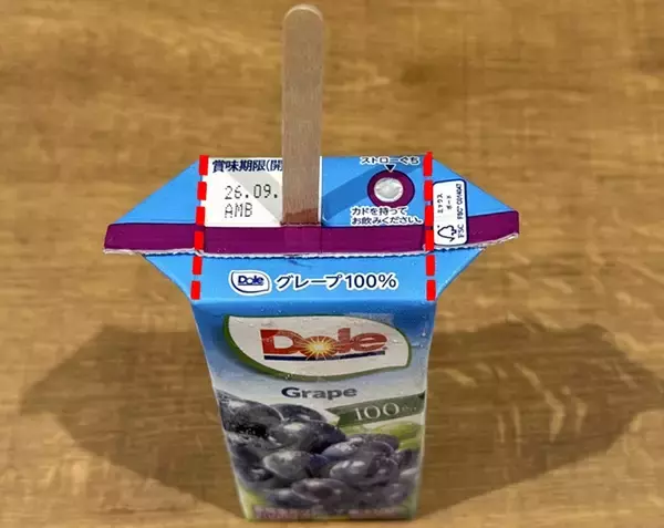 「子供「アイス作って！」　紙パックジュースに棒を挿して冷凍庫に入れた結果…」の画像