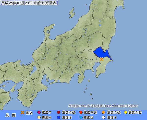 千葉県北西部でm4 3の地震 つくば市で震度3 津波なし 2017年7月21日