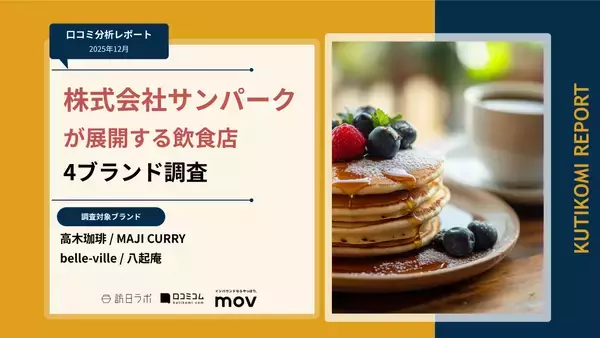 【口コミ分析レポート】株式会社サンパークが展開する飲食店4ブランドの口コミ調査！「雰囲気」や「対応」での各ブランドの評価は？