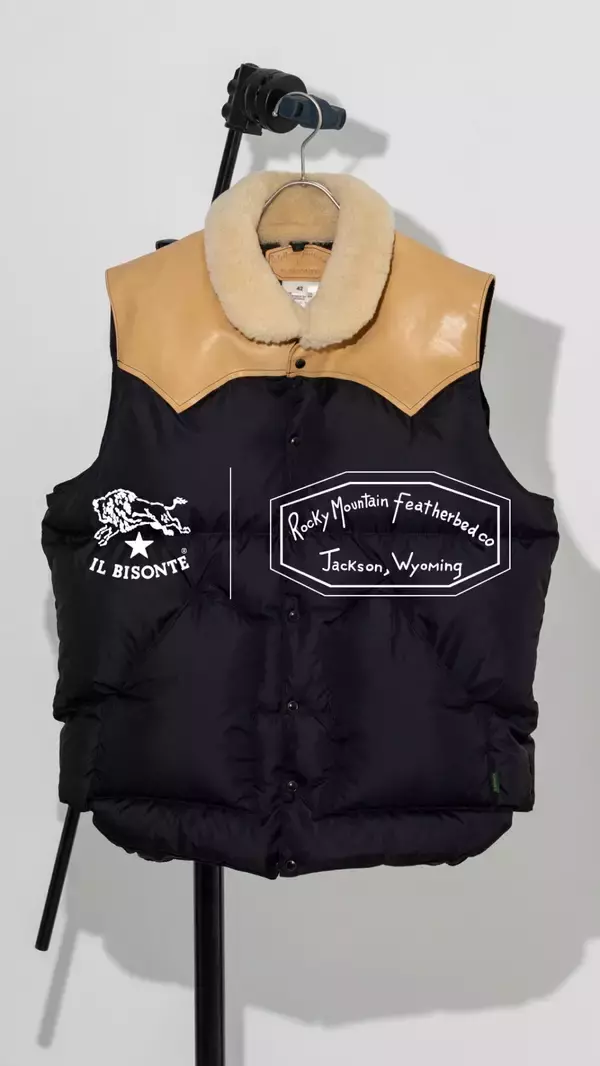 IL BISONTE×Rocky Mountain Featherbedのコラボベストが誕生、6月に予約会にて数量限定で販売