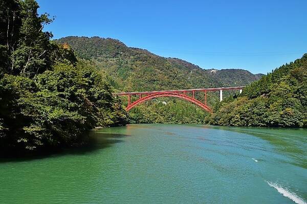 森林の緑と水面の深緑、緑の中の赤い橋の下を進む庄川峡遊覧 (2018年11月16日) エキサイトニュース