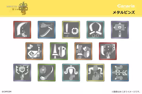 「『モンハンワイルズ』アルマ、ジェマのアクリルフィギュアが‘登場！作中の武器アイコンも“メタルピンズ”に」の画像