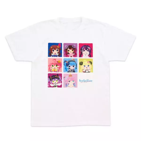 「「ホロライブ」かわいい描き下ろしイラスト使用！さまざまなタレントをデザインしたフルカラーTシャツや、表面がぷにぷにした缶バッジなど4アイテム」の画像