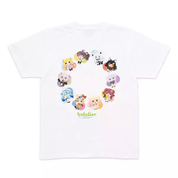 「「ホロライブ」かわいい描き下ろしイラスト使用！さまざまなタレントをデザインしたフルカラーTシャツや、表面がぷにぷにした缶バッジなど4アイテム」の画像