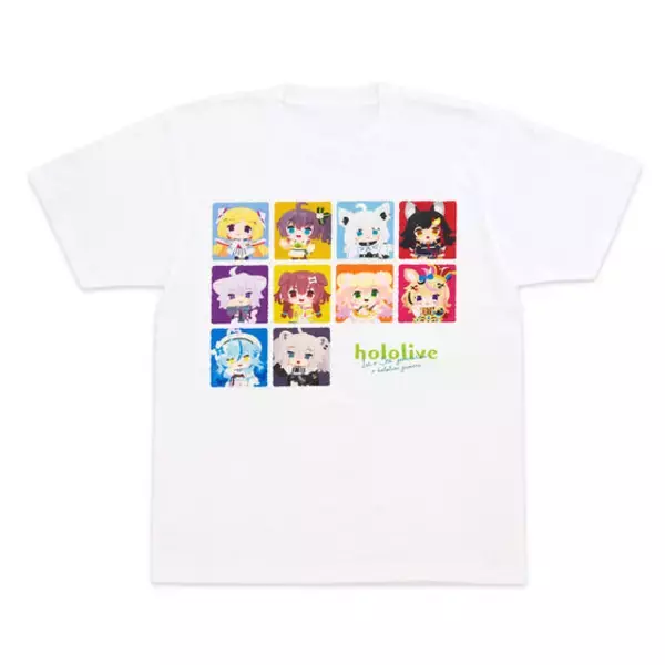 「「ホロライブ」かわいい描き下ろしイラスト使用！さまざまなタレントをデザインしたフルカラーTシャツや、表面がぷにぷにした缶バッジなど4アイテム」の画像