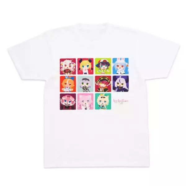 「「ホロライブ」かわいい描き下ろしイラスト使用！さまざまなタレントをデザインしたフルカラーTシャツや、表面がぷにぷにした缶バッジなど4アイテム」の画像