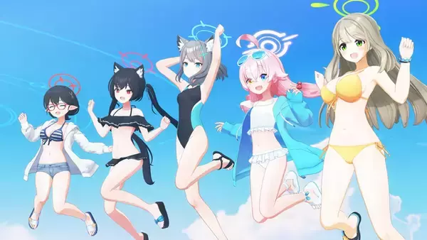 「『ブルアカ』ノノミやシロコの背中に日焼け止めを…！？水着な「対策委員会」と過ごすビーチでのひと時に、興奮を隠しきれない先生たち」の画像
