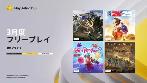 「「PS Plus」3月度フリープレイは『モンハンライズ』が対象！全4作品を3月3日より提供」の画像