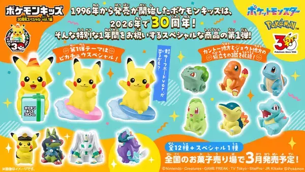 「「ポケモンキッズ」30周年スペシャル第1弾が3月2日発売！お祝いピカチュウほか、カントー・ジョウト地方旅立ちの3匹含む全13種」の画像