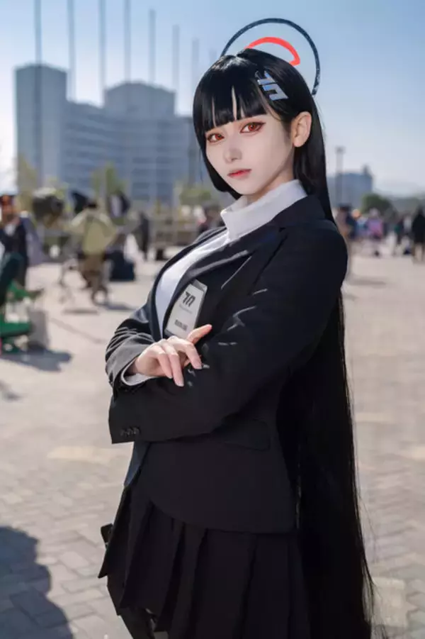 「【コスプレ】黒ストッキングに包まれた美脚、艶やかな黒髪、クールな容貌…『ブルアカ』リオのカリスマ的な美しさが完璧！人気レイヤー・月海つくね【写真8枚】」の画像