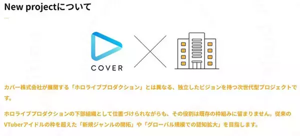 「カバー、ホロライブとは異なる「新規プロジェクト」始動！活動は“チームでのシナジー”を何より重視…オーディションも開催」の画像