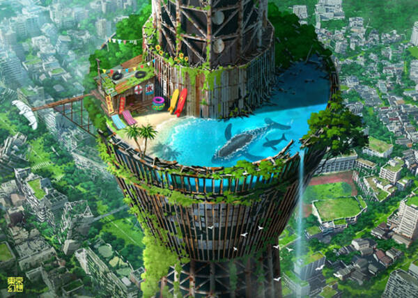 緑が茂るスカイツリー クジラ 海の家 荒廃した世界の夏を描いたイラストが幻想的 21年7月23日 エキサイトニュース