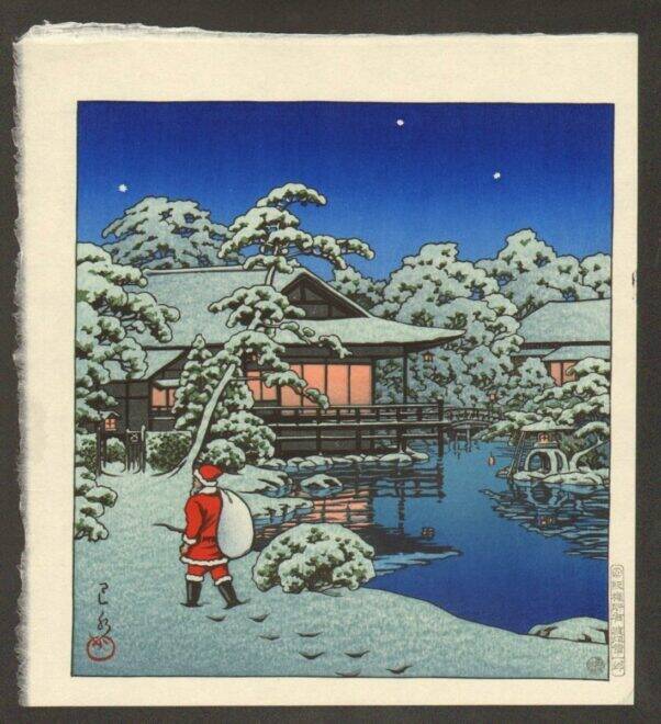 クリスマスが題材のとても珍しい浮世絵『雪庭のサンタクロース』が