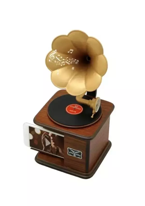 「スマホスピーカーにもなる！レトロ感あふれる朝顔ラッパ型の「インテリア蓄音器」」の画像