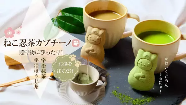 お湯を注ぐとドロンしちゃう♡抹茶・ほうじ茶を使用した「ねこ忍茶カプチーノ」が可愛すぎるよ！