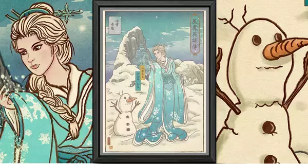 エルサが着物！「アナと雪の女王」のエルサとオラフを浮世絵風に描いた海外作品がおもしろ〜！