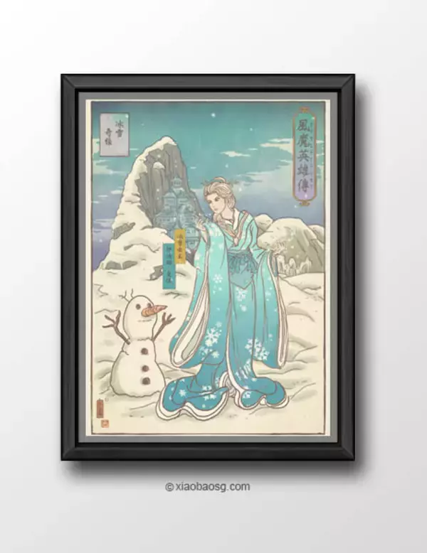 「エルサが着物！「アナと雪の女王」のエルサとオラフを浮世絵風に描いた海外作品がおもしろ〜！」の画像