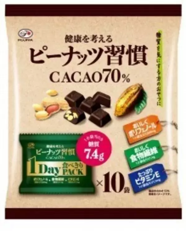 ポリフェノール、食物繊維、ビタミンE入りチョコ　「ピーナッツ習慣（カカオ70%）」