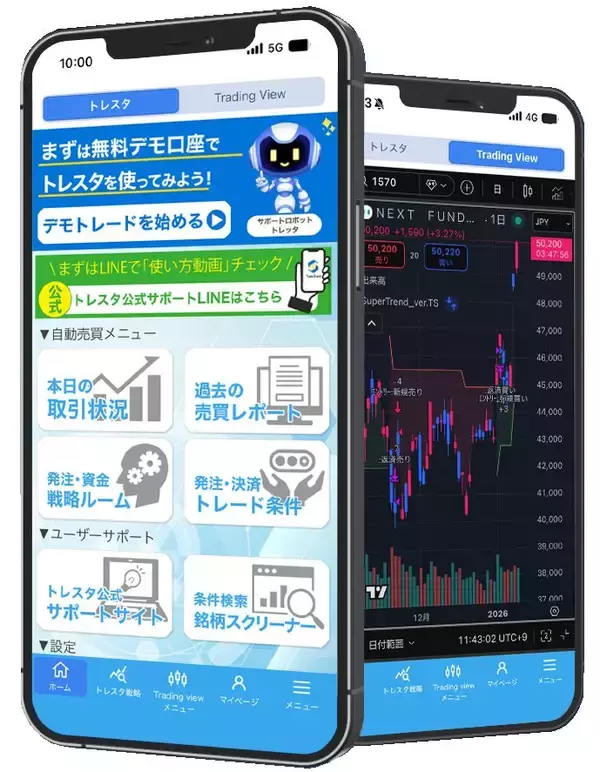 「日本株、米国株の自動売買取引を、スマホやPCで個人投資家でも簡単に行えるアプリ「Trade Stand（略称：トレスタ）」を大幅アップデート。TradingView自動売買をアプリ内で完結、日本株CFDにも対応。」の画像