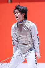 決勝進出を決めて叫ぶ飯村　アジア大会