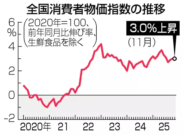 １１月消費者物価３．０％上昇＝食料、電気代が高騰―総務省