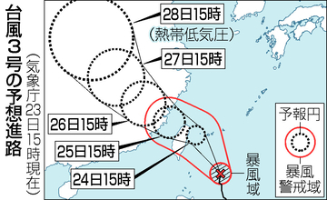 強い台風３号、２４日に先島諸島へ＝災害に厳重警戒―気象庁