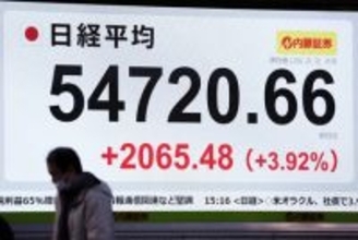 東京株、最高値５万４７２０円＝上げ幅２０００円超、米株高や円安で