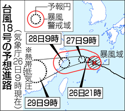 台風１８号、沖縄本島付近を通過＝奄美、土砂災害に厳重警戒―気象庁