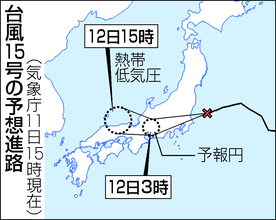 台風１５号、茨城県南部上陸＝東日本横断へ、暴風大雨警戒―気象庁