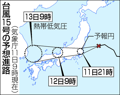 台風１５号、茨城付近上陸へ＝関東や東北、暴風大雨警戒―気象庁