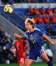 ヘディングシュートを放つ田中