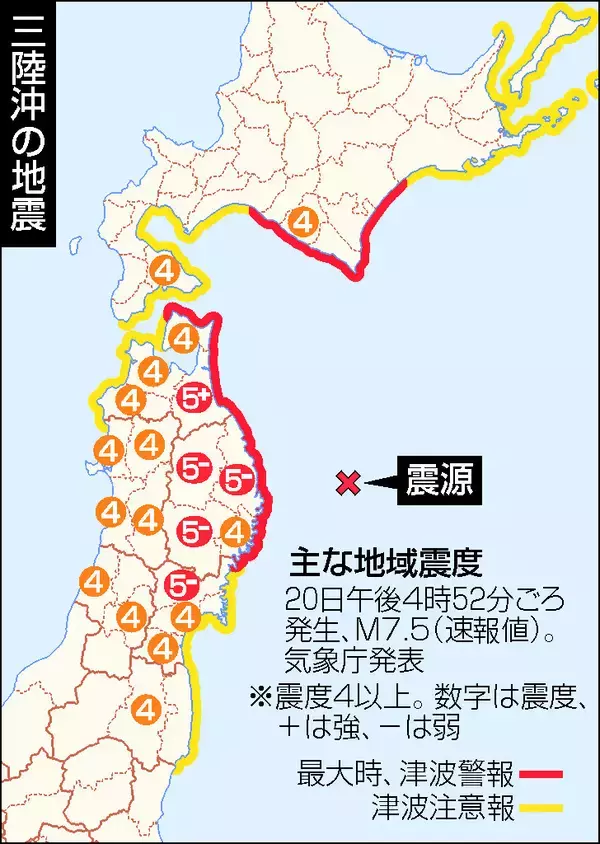北海道、青森、岩手に一時津波警報＝久慈市で８０センチ観測、青森で震度５強―「後発地震注意情報」発表