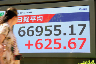 東京株、初の６万７０００円超え＝一時８００円超上昇、中東交渉期待