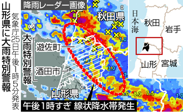 山形県に２回、大雨特別警報＝梅雨前線停滞、河川氾濫相次ぐ―秋田で１人不明