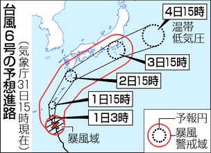 台風６号、沖縄本島直撃か＝強い勢力、暴風高波に厳重警戒―２～３日は九州から関東で大雨