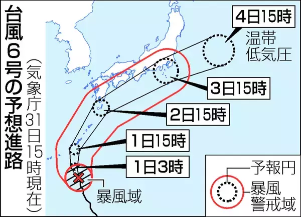 台風６号、沖縄本島直撃か＝強い勢力、暴風高波に厳重警戒―２～３日は九州から関東で大雨