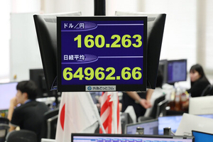 円急騰後、１６０円台に戻す＝海外市場で介入、一時１５７円台―株価は大幅上昇