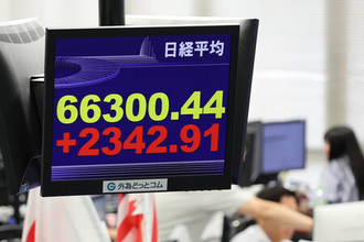 東京株、６万６０００円台回復＝２３４２円高、中東不安和らぐ