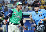 「投手交代を告げる池山監督　プロ野球」の画像1