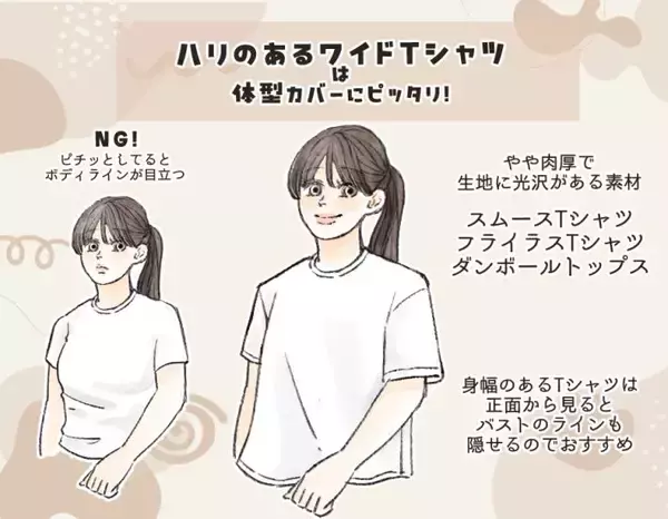 細部の違いで見違える！「薄着でも体型カバーできる」服の選び方。ぽっこりお腹、むっちり二の腕を隠す“最強Tシャツ”も