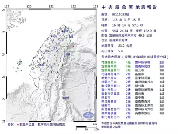台湾東部海域でM5.4の地震　花蓮県で震度4を観測
