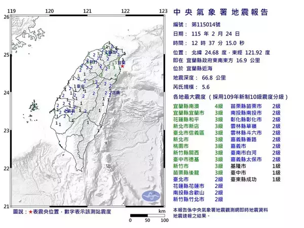 台湾北東部近海でM5.6　宜蘭県で震度4を観測