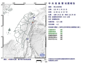 台湾東部近海でM4.2の地震　宜蘭や花蓮で震度3を観測