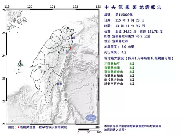台湾東部近海でM4.2の地震　宜蘭や花蓮で震度3を観測