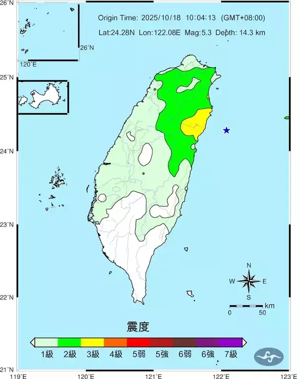 台湾東部海域で2回の地震　中央気象署「3日以内は余震の可能性」