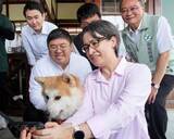 「阿里山鉄道の「犬駅長」ポチ、蕭副総統と対面　2歳の秋田犬／台湾」の画像1