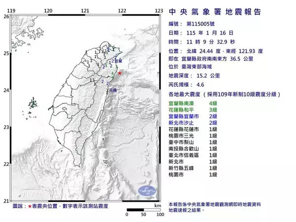 台湾東部海域でM4.6の地震　宜蘭県で震度4を観測