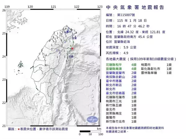 宜蘭県近海で地震　同県と花蓮県で震度4を観測／台湾