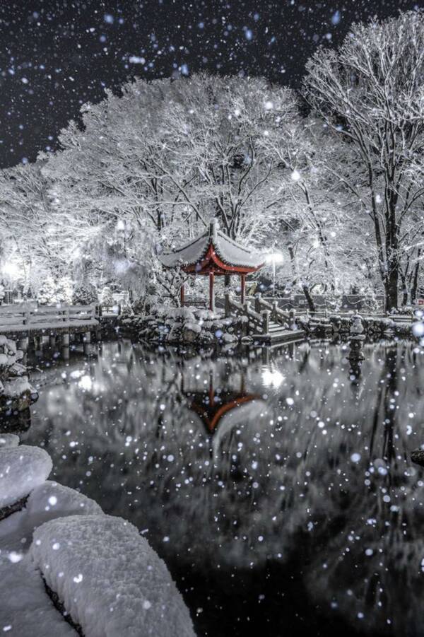 白と黒の世界に色を与えるのは 赤い東屋 雪の夜の中国風庭園があまりにも幻想的 22年2月12日 エキサイトニュース