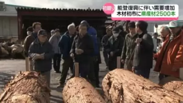 能登復興で木材需要増える　金沢で石川県産材の初市　去年より1割多い2500本並ぶ
